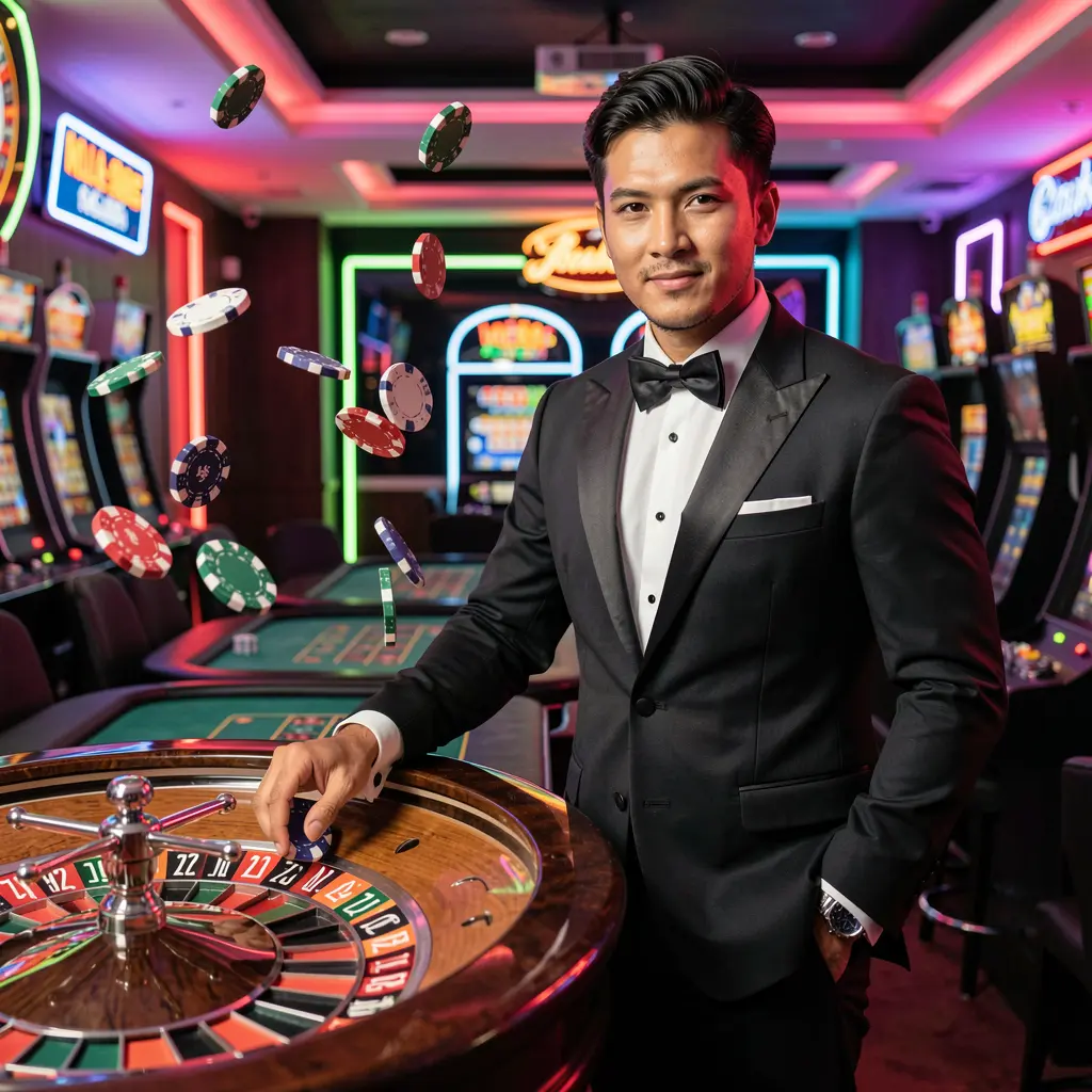 Elegant live casino dealer in a tuxedo standing by a roulette table with flying chips creating a premium gaming mood at RKGGG for Indonesia